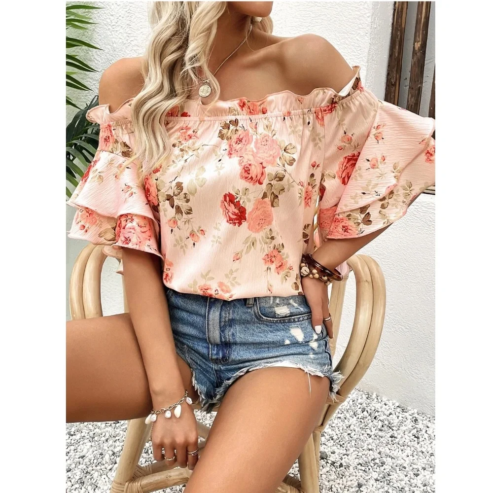 Floral Print Pink Off Shoulder Ruffle Detail Top Blouse Shirt - Picture 2 of 8